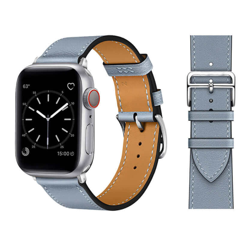 Genuine Leather Linen Blue Watch Strap for Your Apple Watch With Polished Stainless Steel Vintage Style Buckle