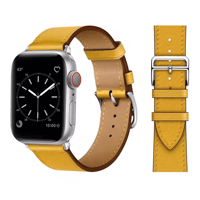 Genuine Leather Watch Band with Stainless Steel Vintage Buckle in Amber Yellow 2