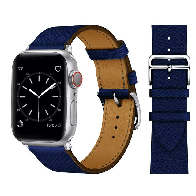 Genuine Leather Watch Band with Stainless Steel Vintage Buckle in Ink Blue 2