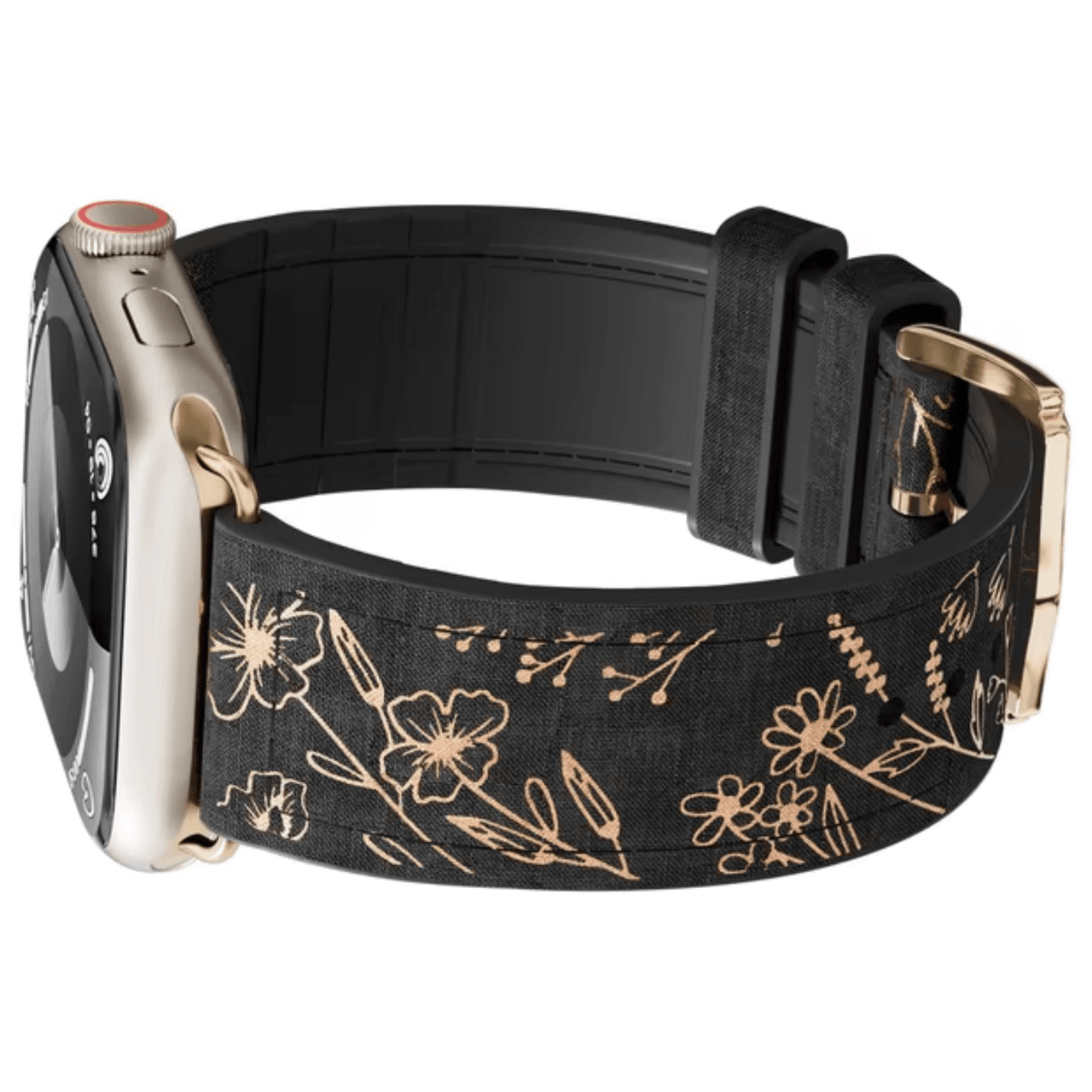 High Quality Engraved Flower Silicone Leather Apple Watch Band in Black