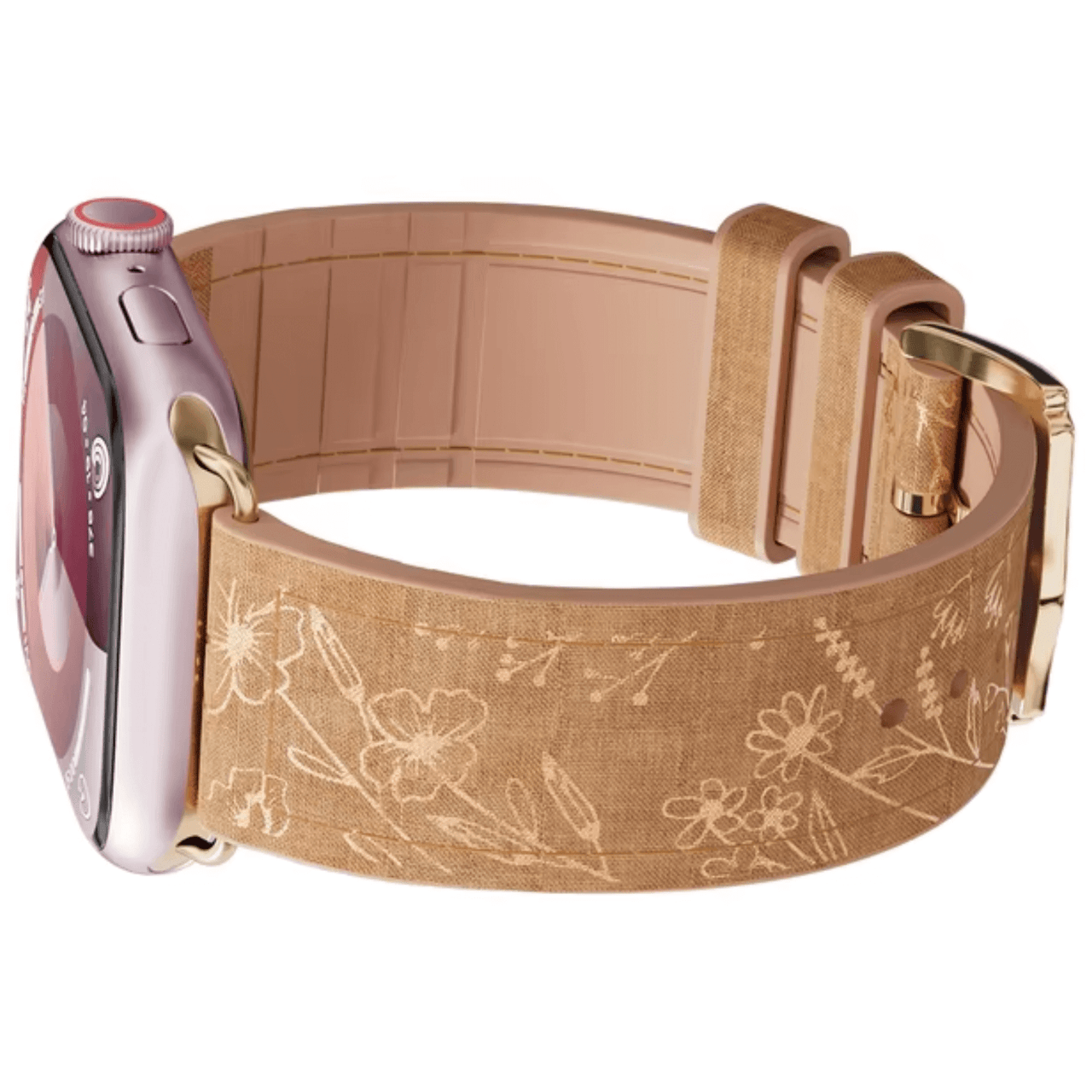 High Quality Engraved Flower Silicone Leather Apple Watch Band in Light Brown