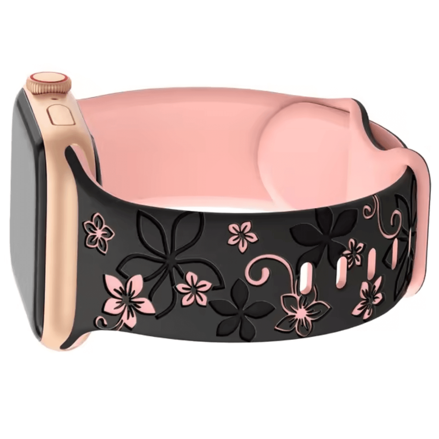 High Quality Floral Engraved Silicone Apple Watch Band in Black Pink