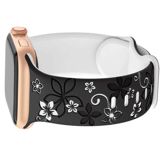 High Quality Floral Engraved Silicone Apple Watch Band in Black White