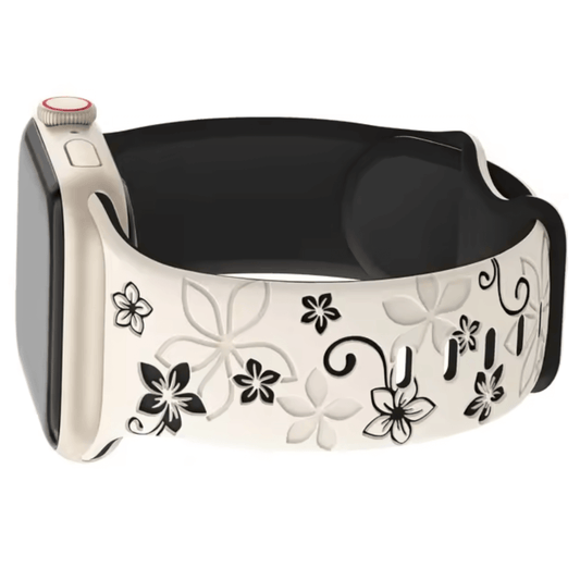 High Quality Floral Engraved Silicone Apple Watch Band in Starlight White Black