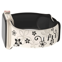 Thumbnail for High Quality Floral Engraved Silicone Apple Watch Band in Starlight White Black