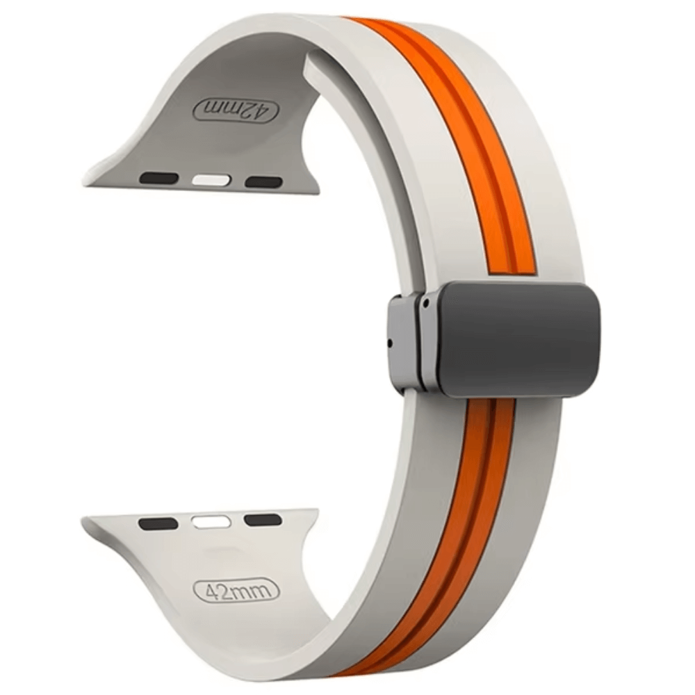 High Quality Silicone Apple Watch Band in Antique White and Orange with Magnetic Clasp