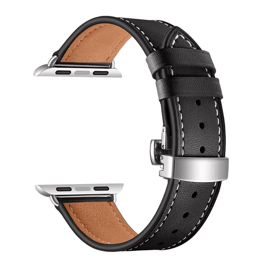 Leather Apple Watch Strap in Black with Butterfly Clasp