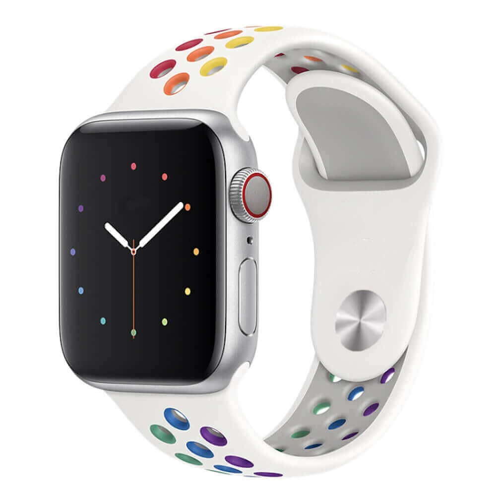 Silicone Sport Watch Band for Apple Watch in White and Rainbow