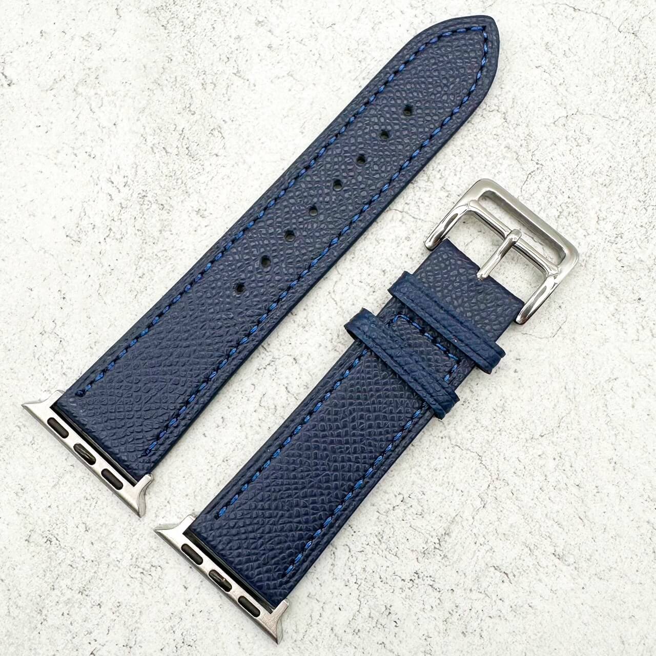 Genuine Leather Watch Band with Stainless Steel Vintage Buckle in Ink Blue 2