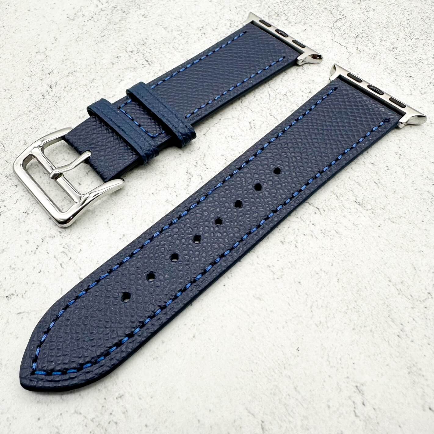 Genuine Leather Watch Band with Stainless Steel Vintage Buckle in Ink Blue 3