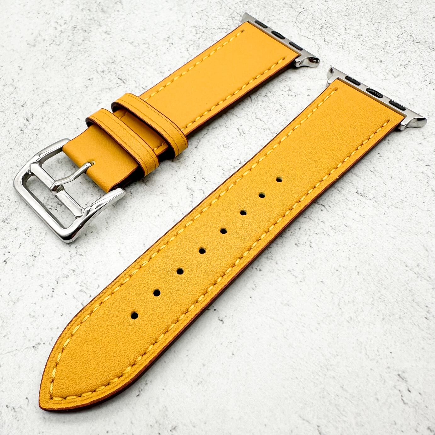 Genuine Leather Watch Band with Stainless Steel Vintage Buckle in Amber Yellow 3